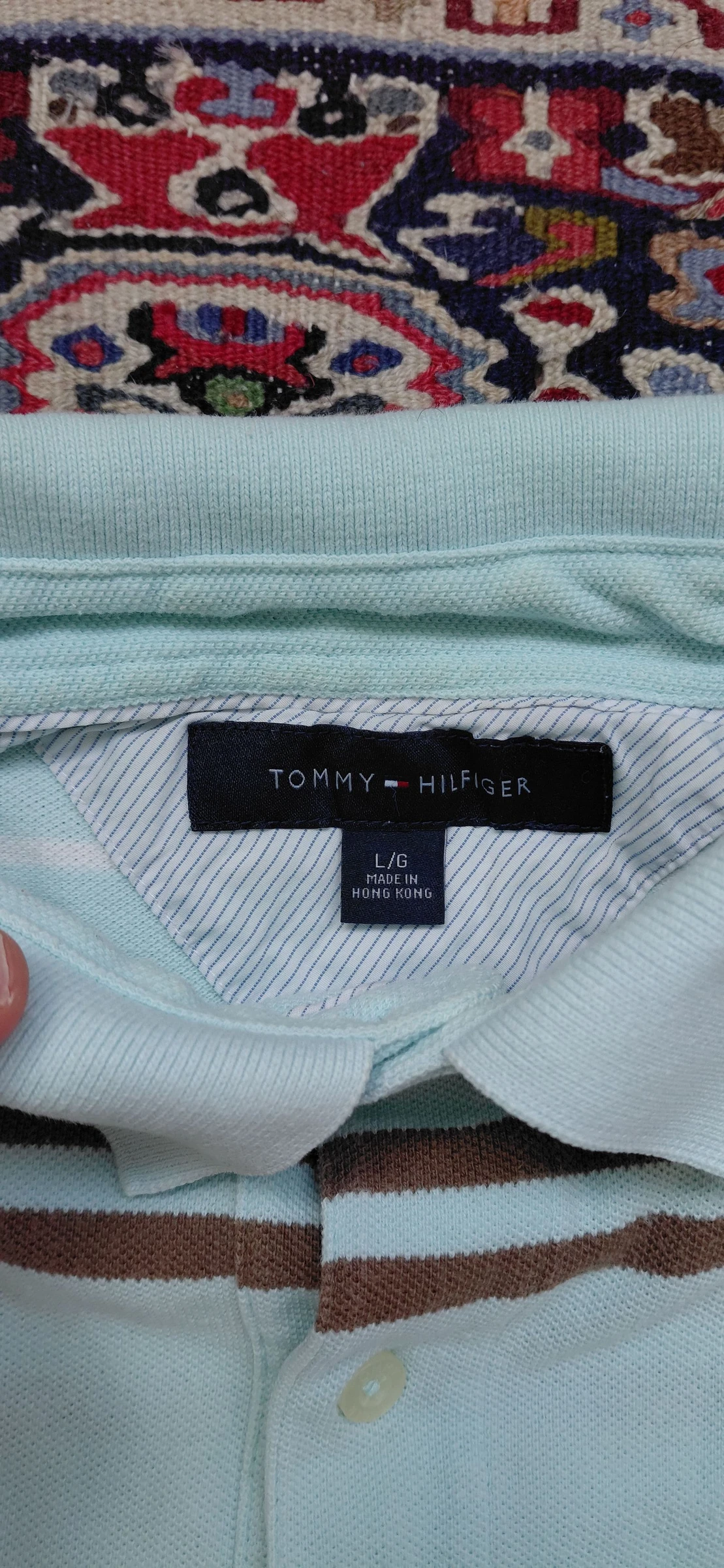Tommy Hilfiger Polo Masculino Listrado Azul Céu Marrom Tamanho G Vintage Casual Old Money – photo 6